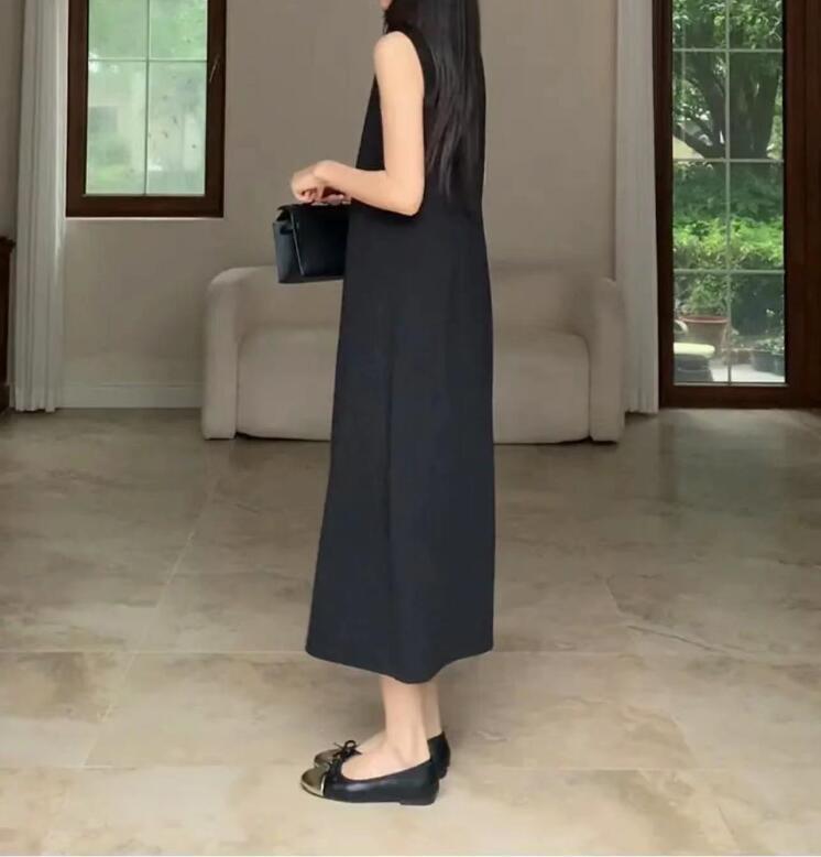 黒ドレス ロング丈 上質シンプル ノースリーブワンピース