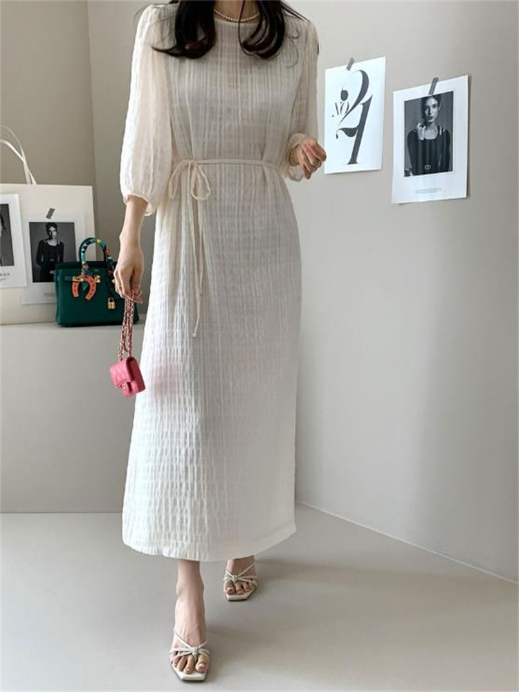 丸首七分袖リボン調節黒ドレス