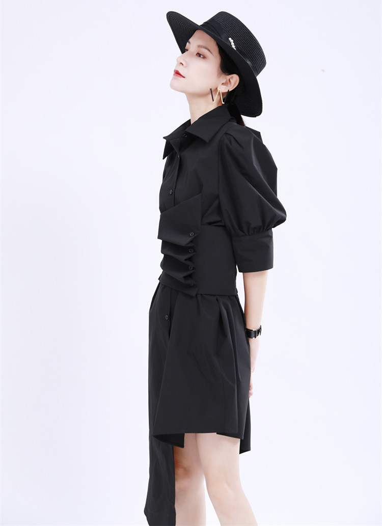 黒ドレス パフスリーブ黒シャツワンピース ウエストベルト付き