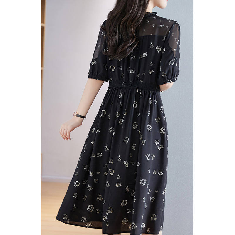 黒ドレス 花柄シースルーロングワンピース
