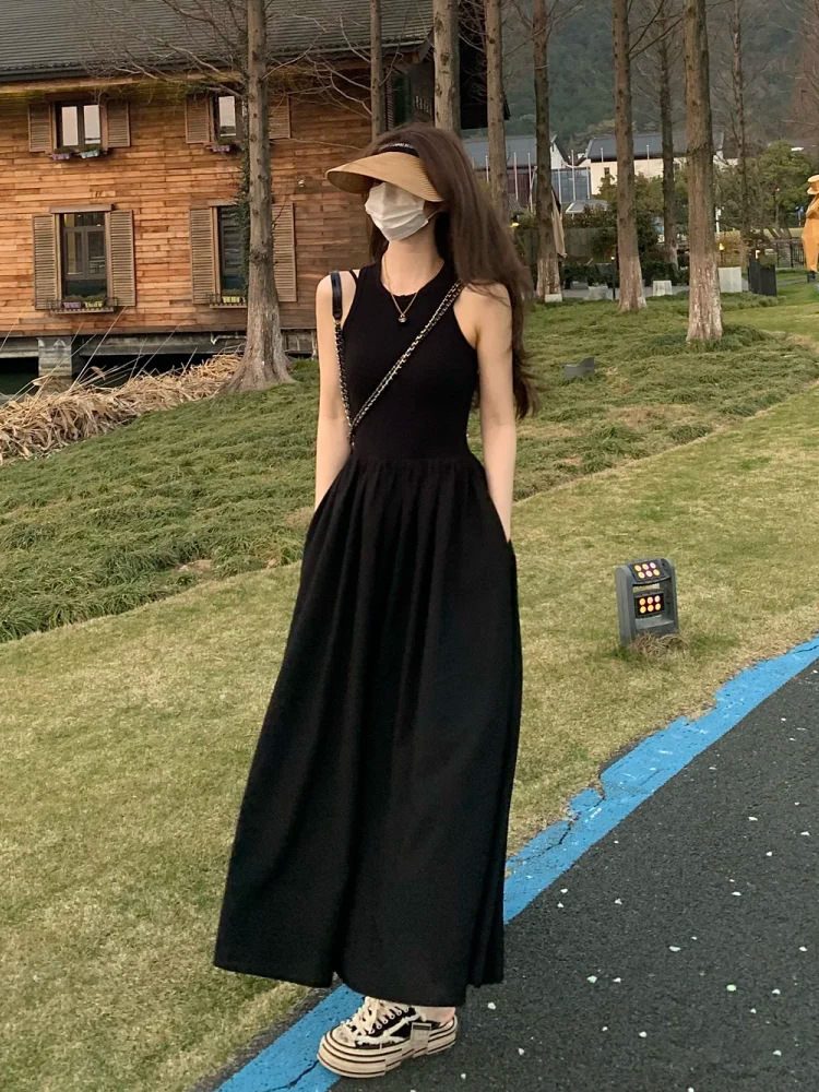 黒ドレス シンプル無地マキシワンピース