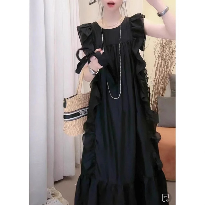 黒ドレス ロング 優美フリルデザインワンピース