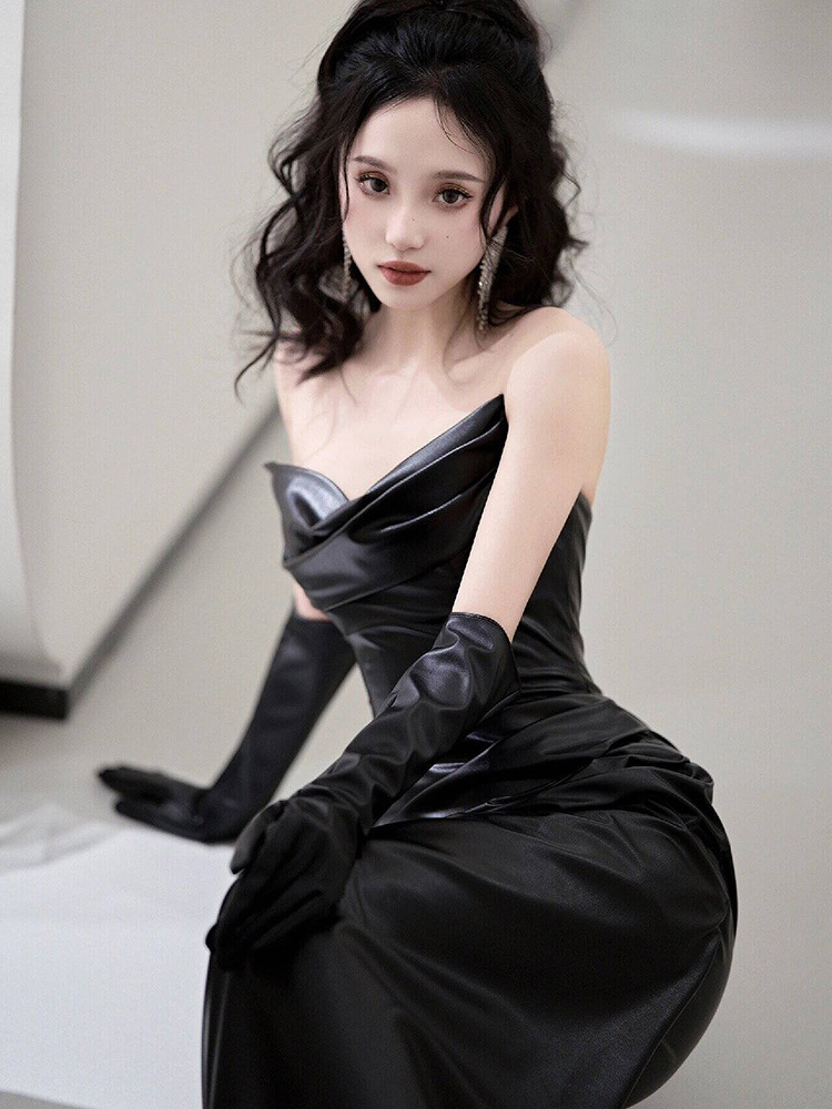 黒ドレス 優美なドレープマーメイドイブニングドレス