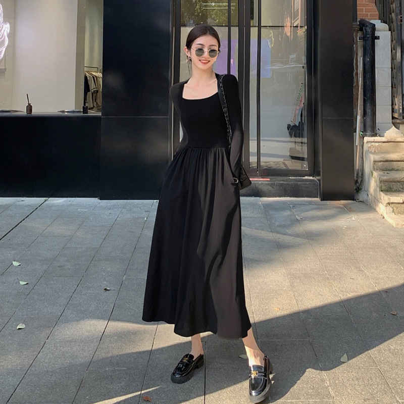 黒ドレス スクエアネック ロング ワンピース 長袖 Aライン