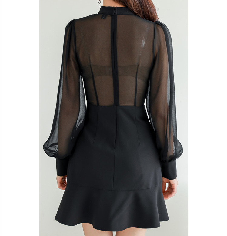 黒ドレス シースルー長袖黒ワンピース フリル裾ミニドレス