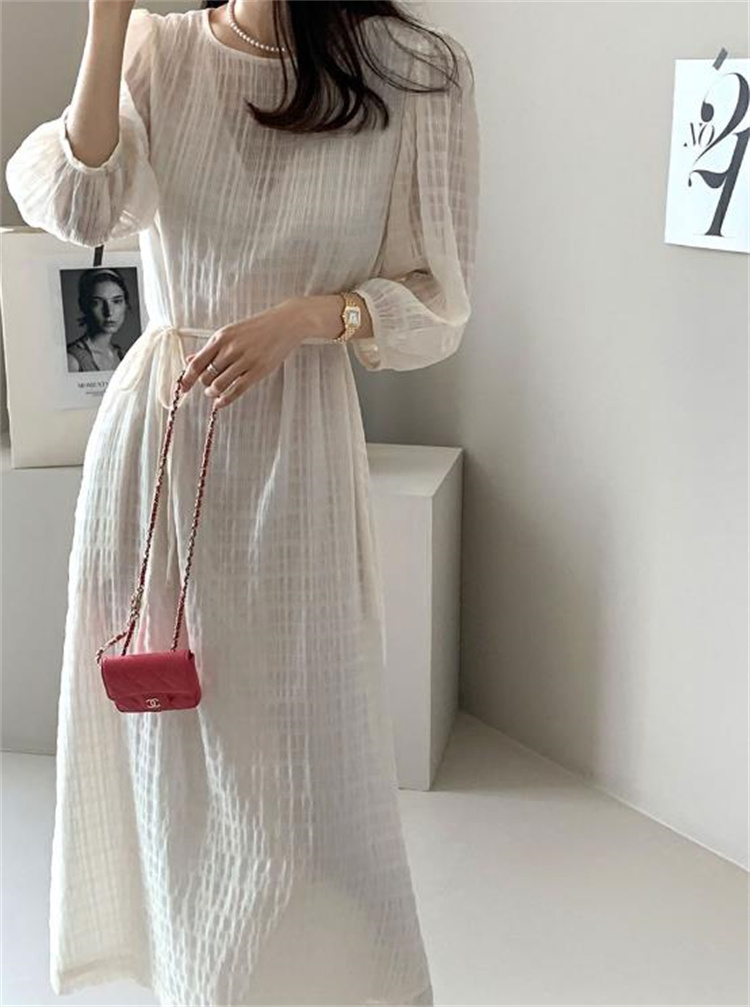 丸首七分袖リボン調節黒ドレス