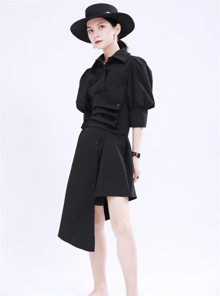 黒ドレス パフスリーブ黒シャツワンピース ウエストベルト付き