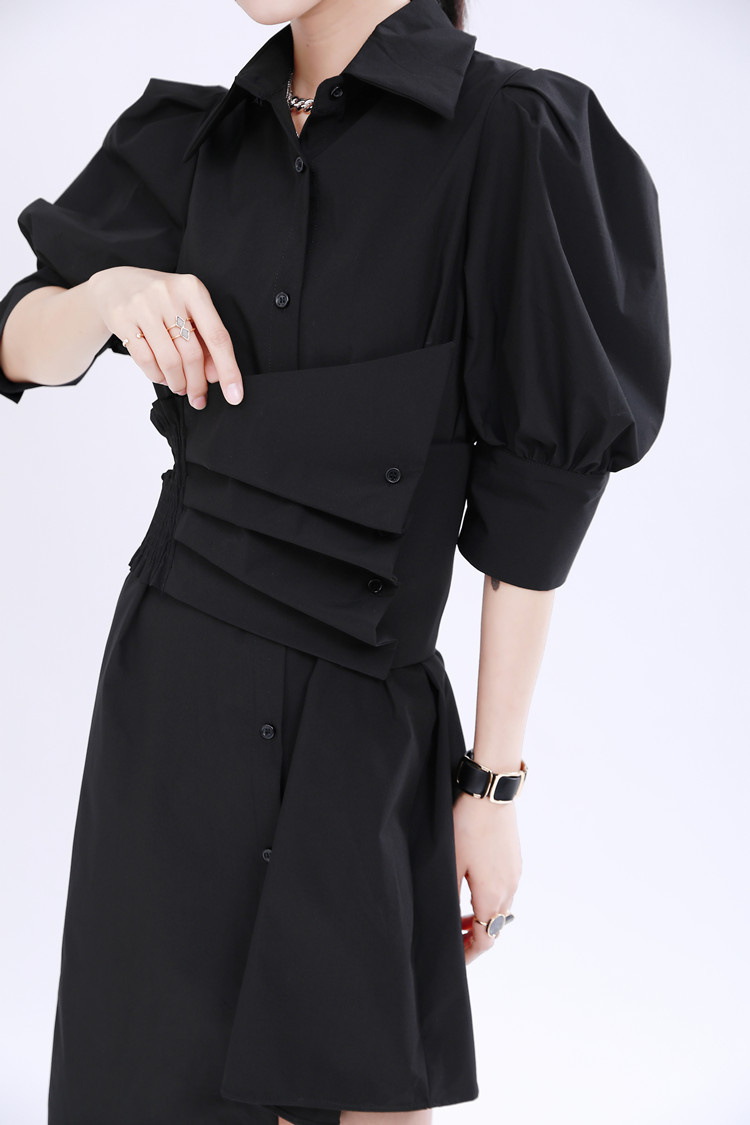 黒ドレス パフスリーブ黒シャツワンピース ウエストベルト付き