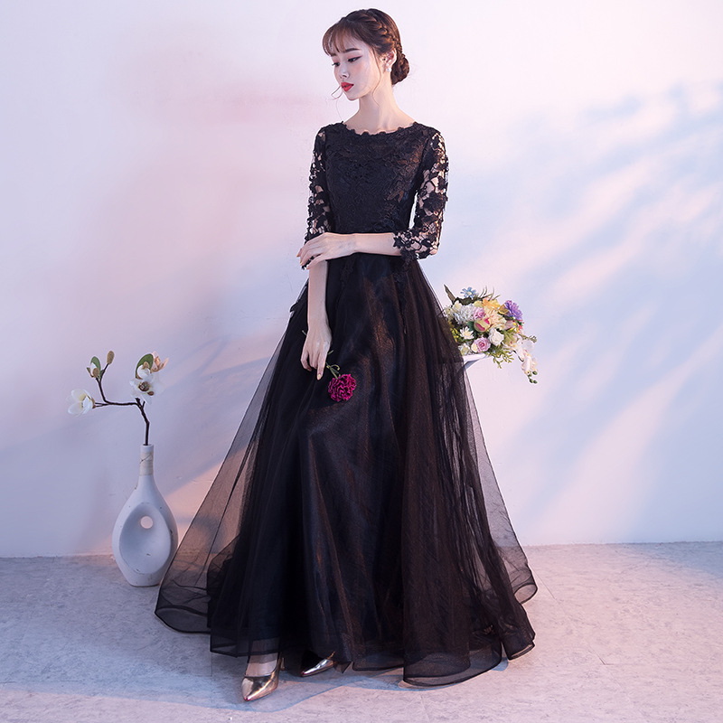 黒ドレス ロング 花柄レース七分袖チュールドレス