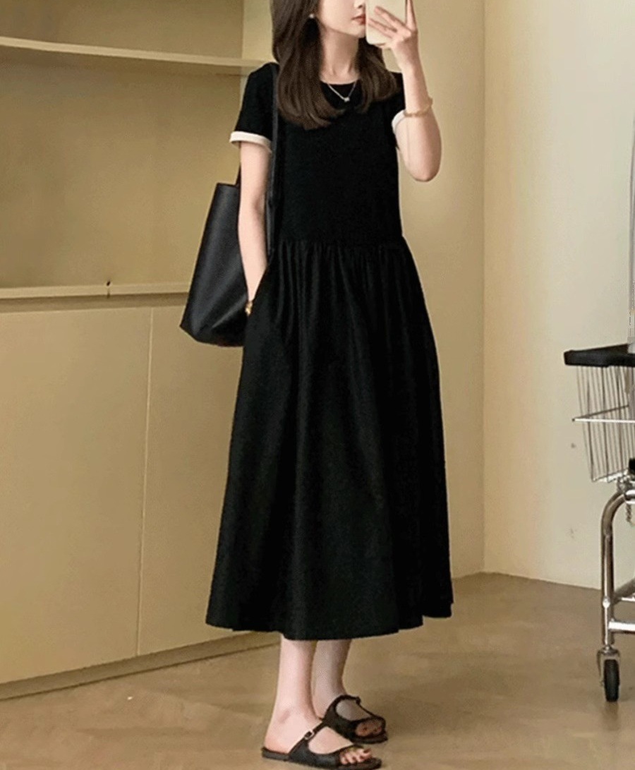 黒ドレス ピーターパン襟 ギャザーワンピース
