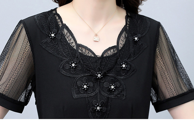 黒ドレス ミディアム丈 花刺繍メッシュ袖ミディアムドレス