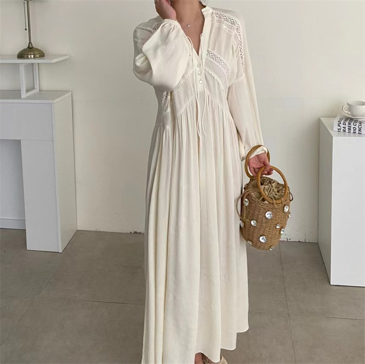 黒ドレス レトロモダン 刺繍レース 長袖マキシ丈ワンピース