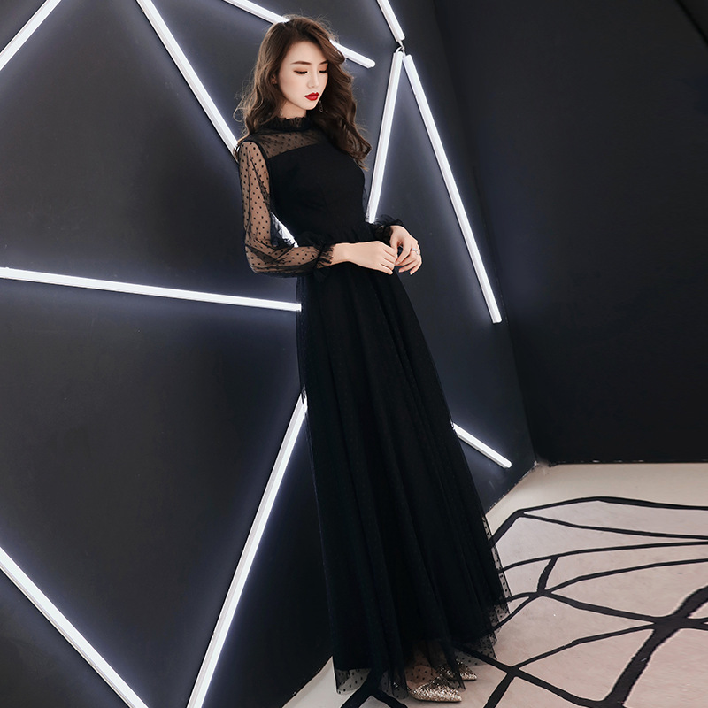 黒ドレス ロング シアードット袖 優美フレアロングドレス