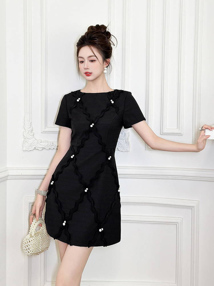 黒ドレス パール装飾フリンジ格子柄半袖ワンピース