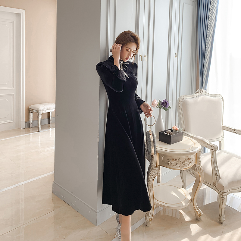 黒ドレス 優美なベルベットリボンワンピース