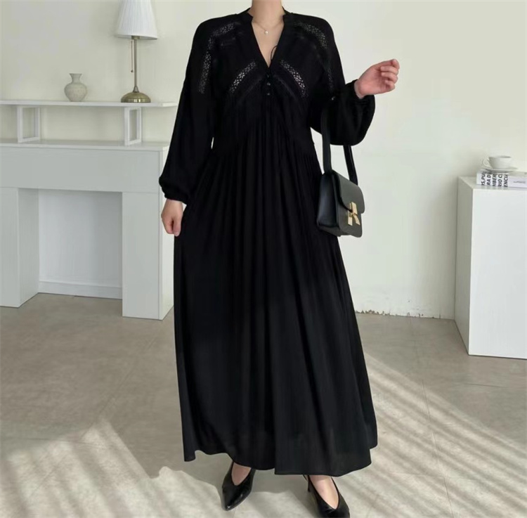 黒ドレス レトロモダン 刺繍レース 長袖マキシ丈ワンピース