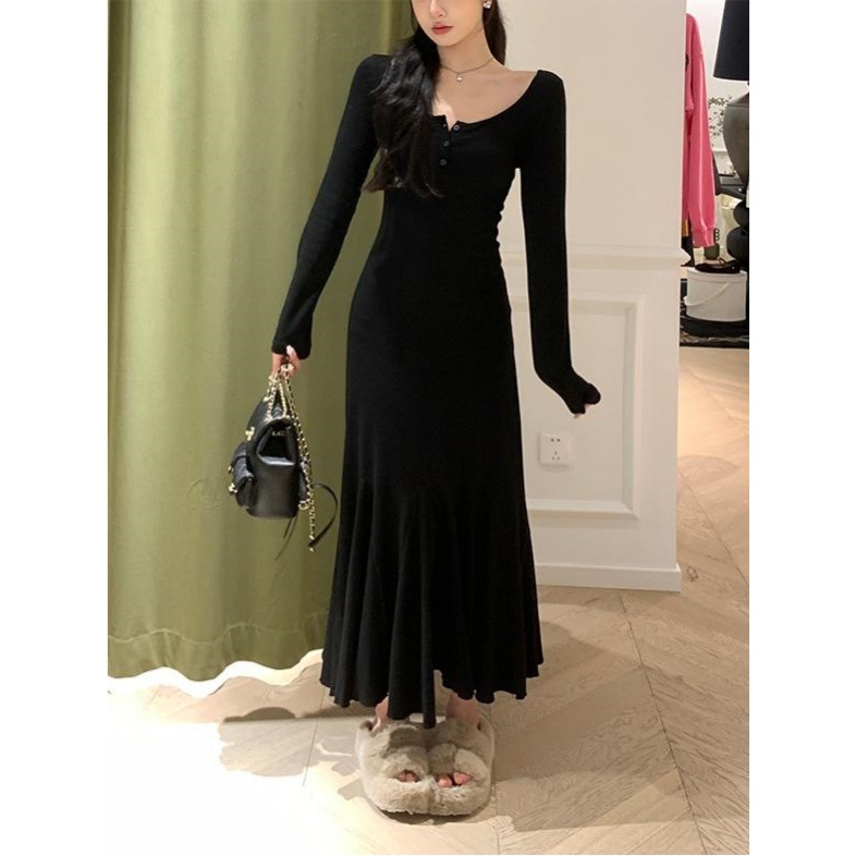 黒ドレス ロング 上品 シルエット ニット ワンピース