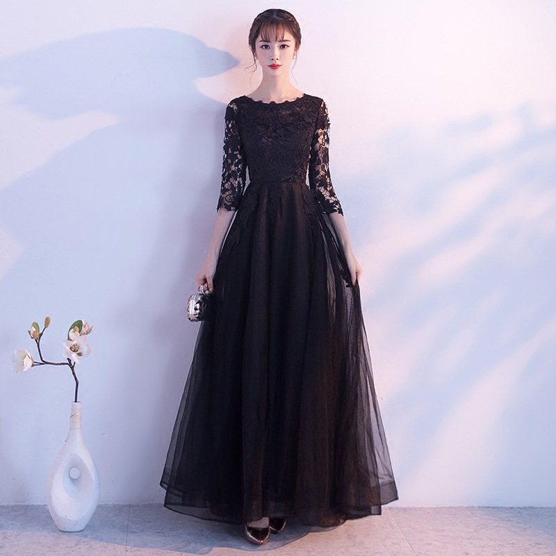 黒ドレス ロング 花柄レース七分袖チュールドレス
