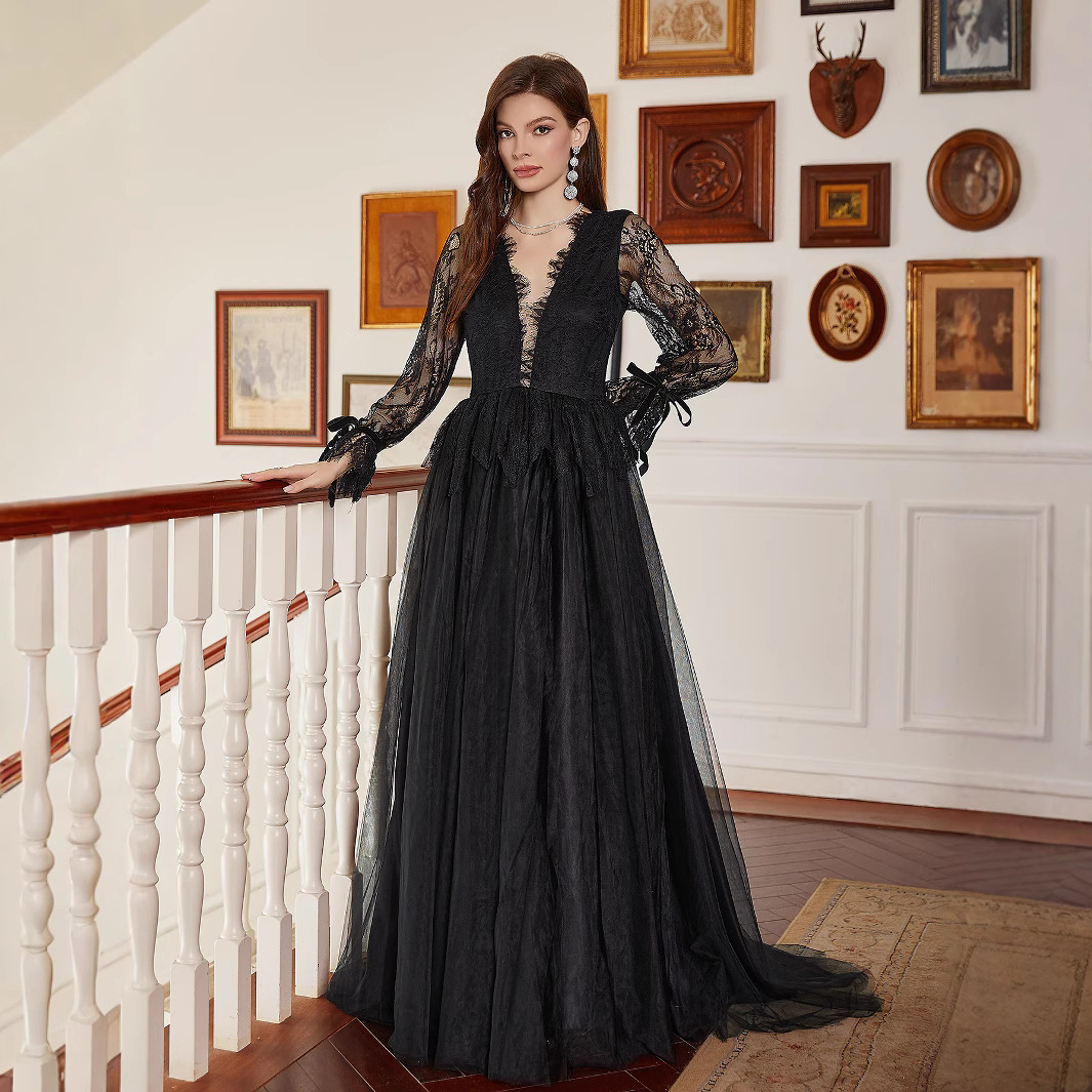 黒ドレス 総レース透け感長袖深Vネックチュール重ねロング丈ドレス