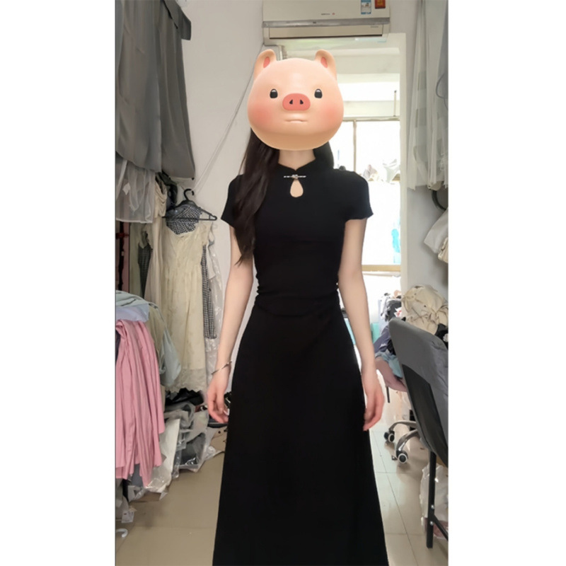 黒ドレス シンプル切替えチャイナ風ワンピース