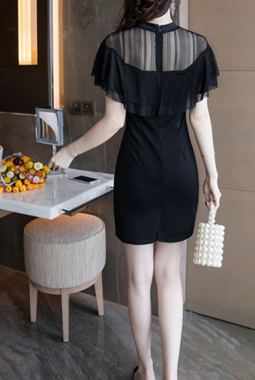 黒ドレス 黒チュール袖タイトワンピース 透け感半袖ミニドレス結婚式