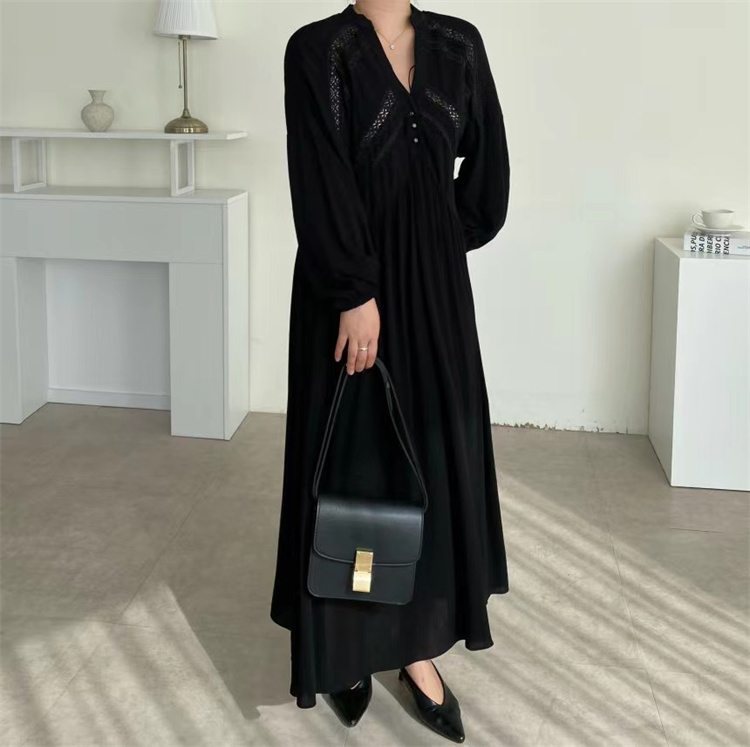 黒ドレス レトロモダン 刺繍レース 長袖マキシ丈ワンピース