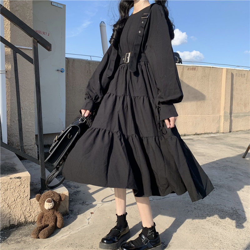 黒ドレス ベルト付きティアードフレアワンピース
