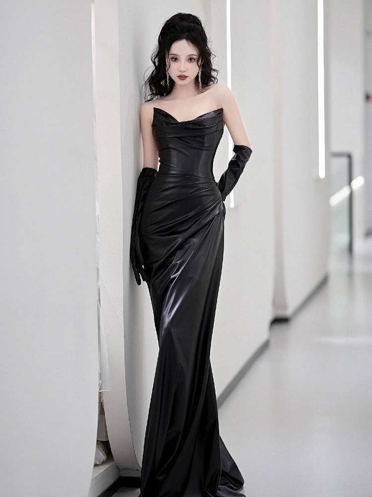 黒ドレス 優美なドレープマーメイドイブニングドレス