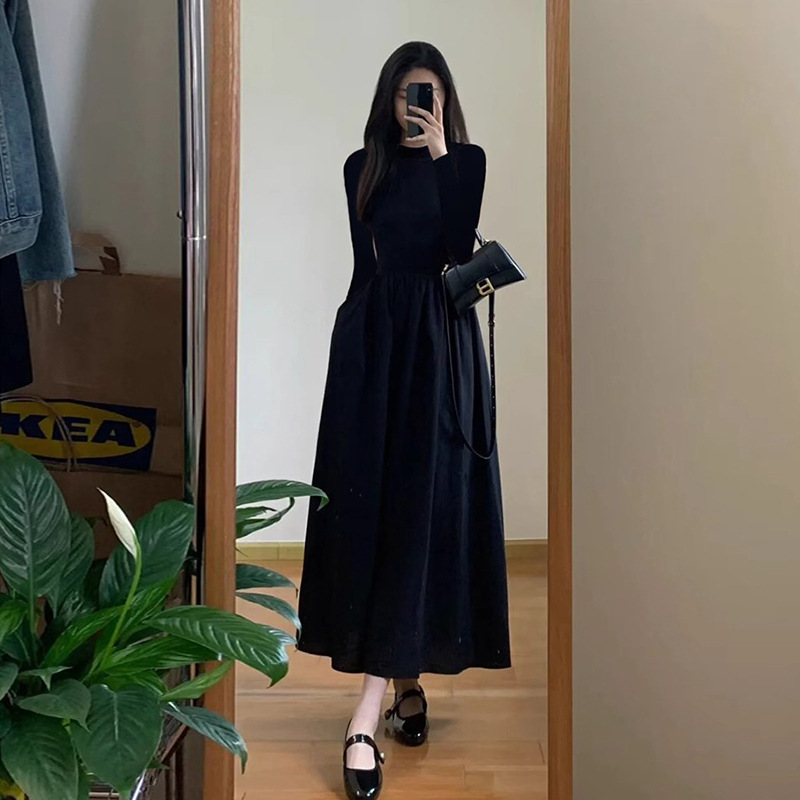 黒ドレス ロング シンプル 上品 ワンピース 長袖