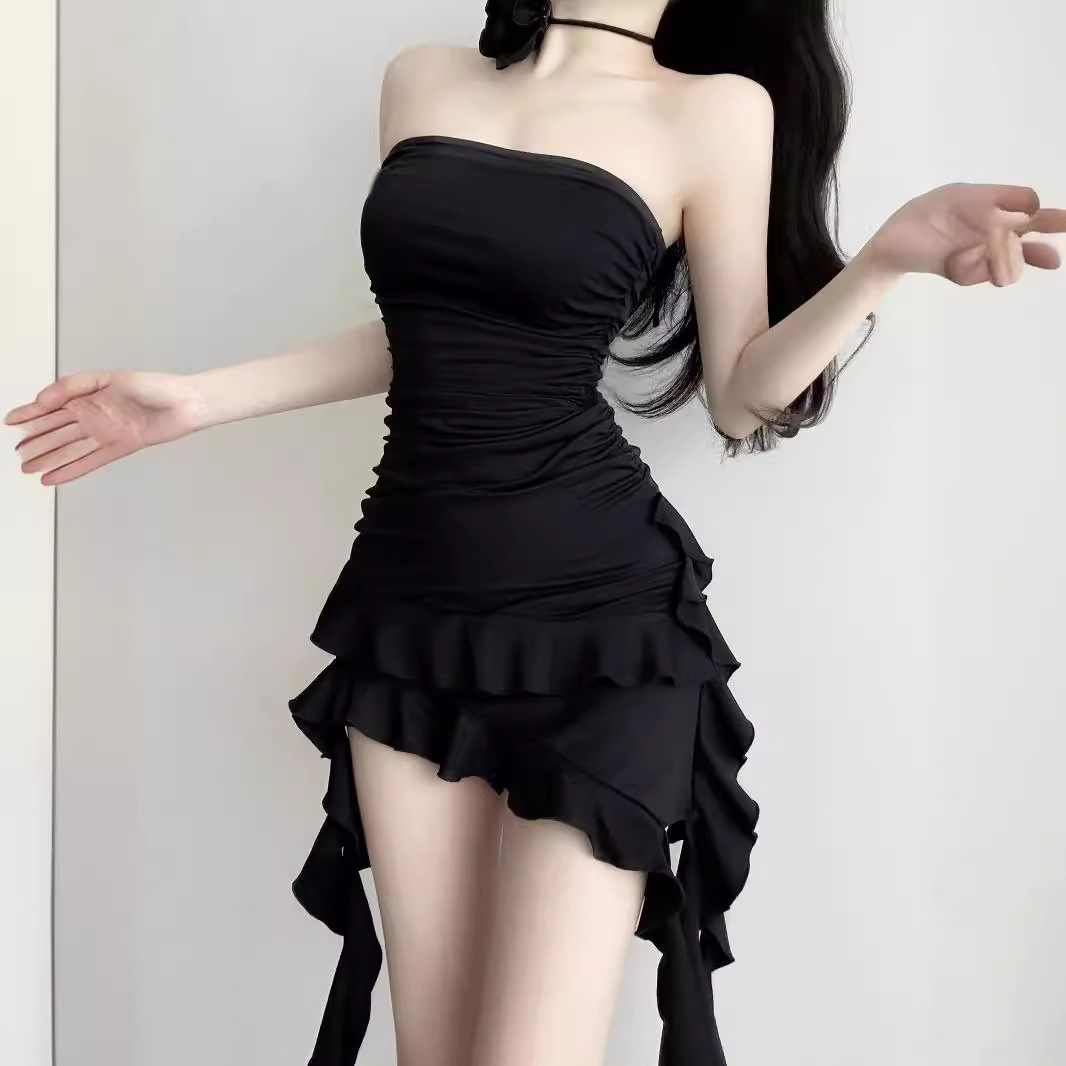 黒ドレス アシンメトリー フリルミニ黒ドレス