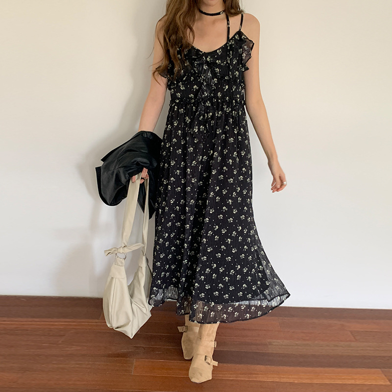 黒ドレス 小花柄シフォンロングキャミワンピース