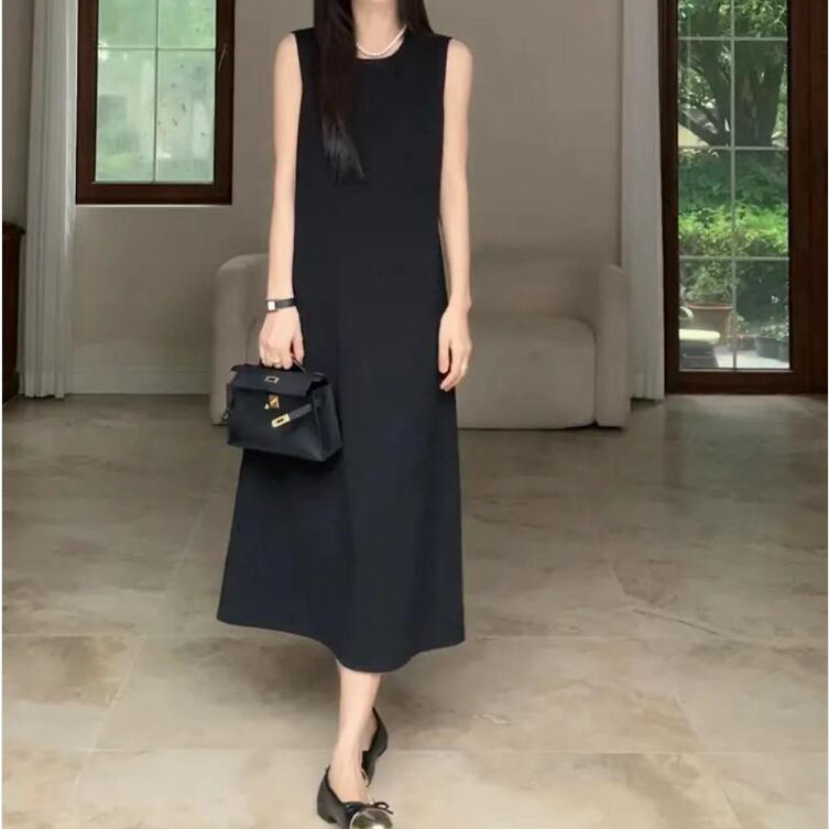 黒ドレス ロング丈 上質シンプル ノースリーブワンピース