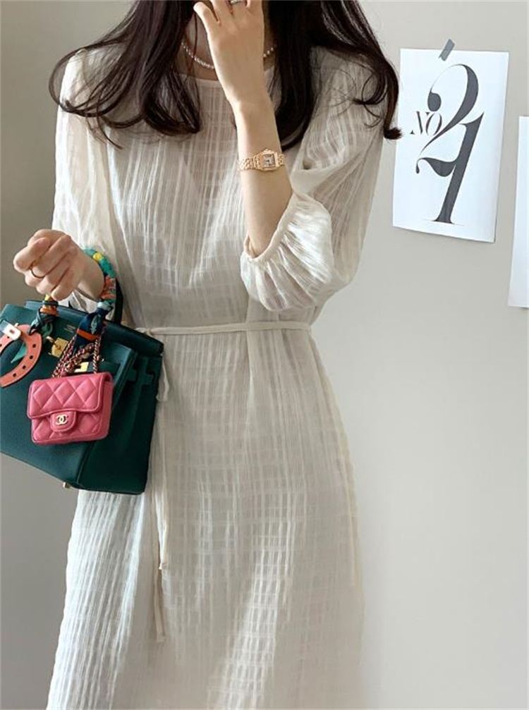 丸首七分袖リボン調節黒ドレス