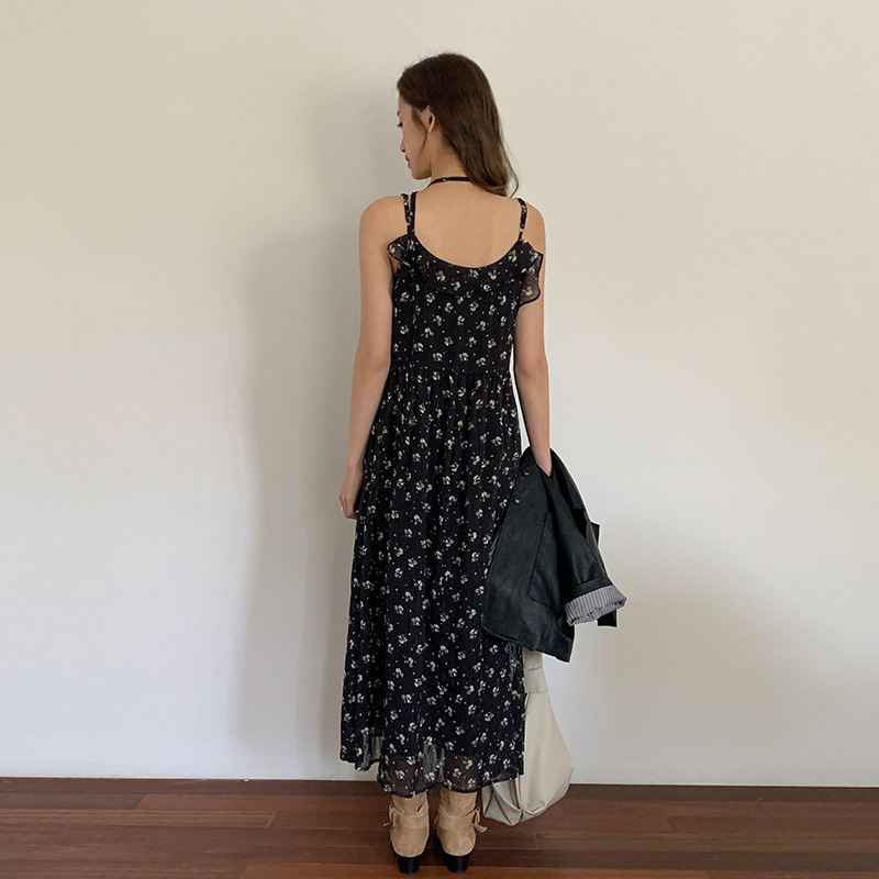 黒ドレス 小花柄シフォンロングキャミワンピース