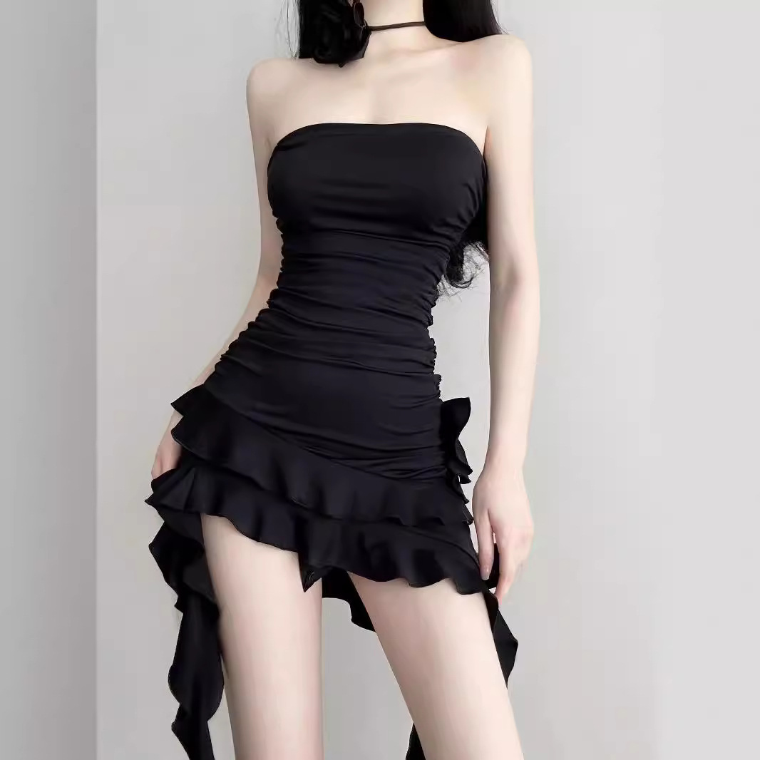 黒ドレス アシンメトリー フリルミニ黒ドレス