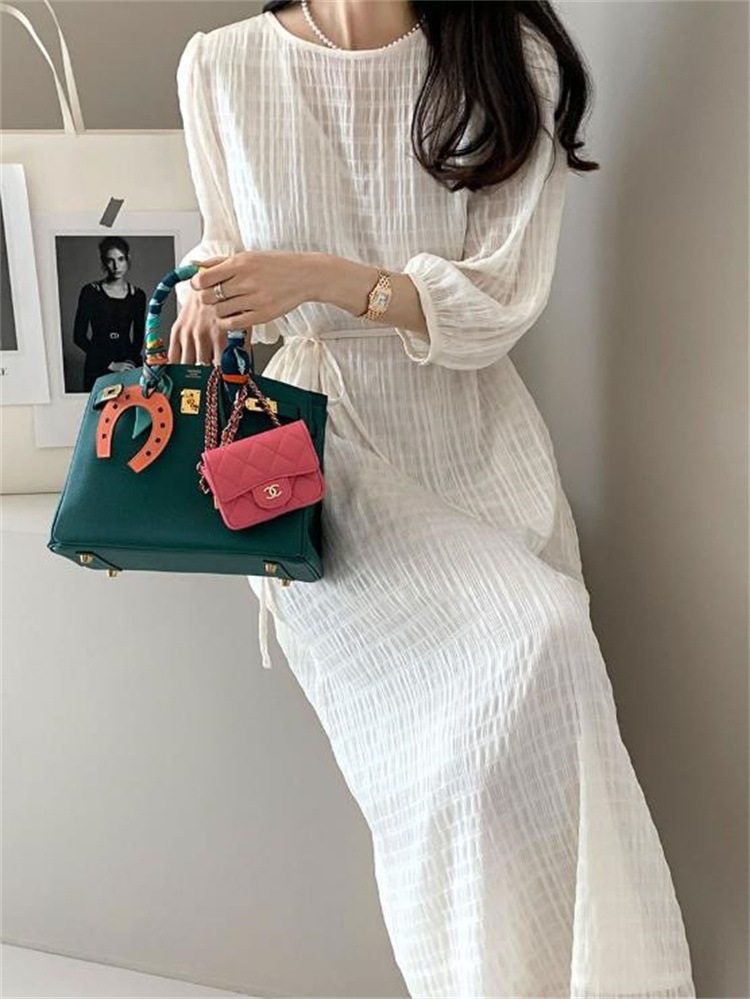 丸首七分袖リボン調節黒ドレス