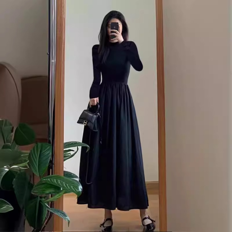黒ドレス ロング シンプル 上品 ワンピース 長袖