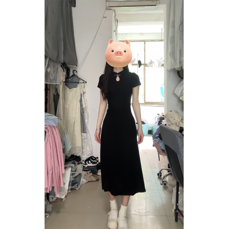 黒ドレス シンプル切替えチャイナ風ワンピース