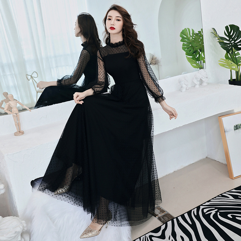 黒ドレス ロング シアードット袖 優美フレアロングドレス
