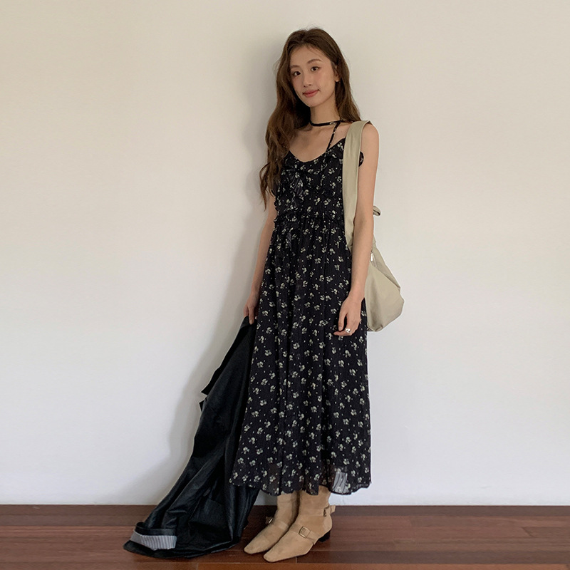 黒ドレス 小花柄シフォンロングキャミワンピース