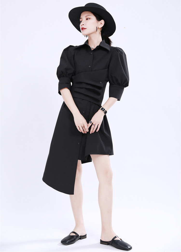 黒ドレス パフスリーブ黒シャツワンピース ウエストベルト付き