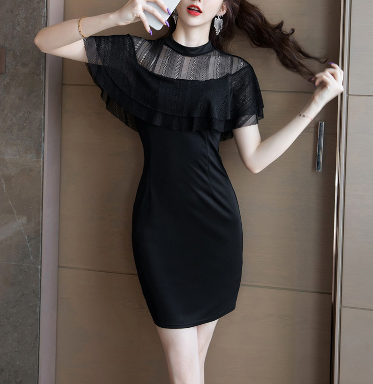 黒ドレス 黒チュール袖タイトワンピース 透け感半袖ミニドレス結婚式