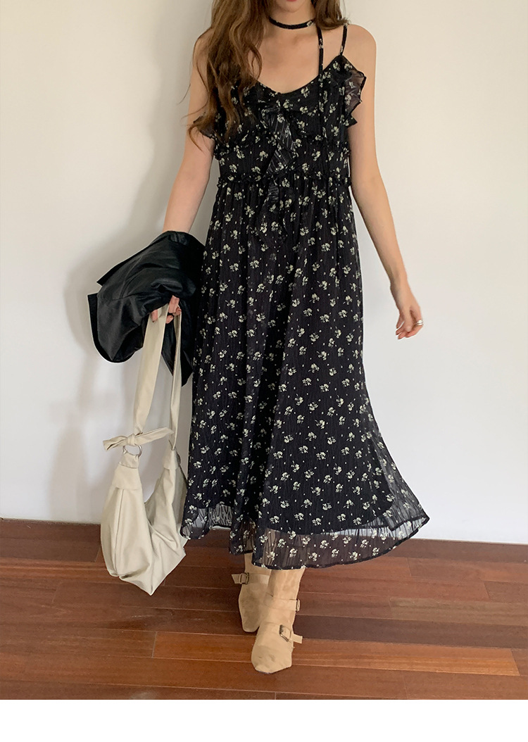 黒ドレス 小花柄シフォンロングキャミワンピース