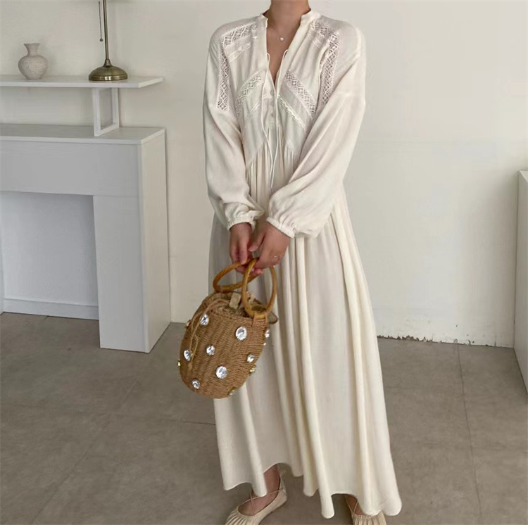 黒ドレス レトロモダン 刺繍レース 長袖マキシ丈ワンピース