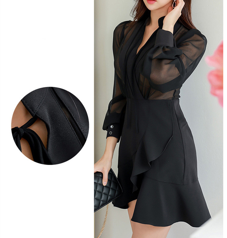 黒ドレス シースルー長袖黒ワンピース フリル裾ミニドレス