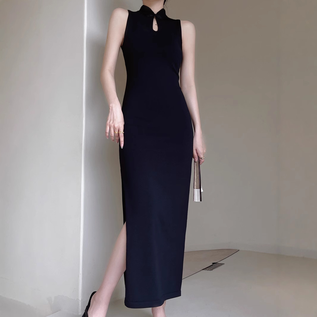 黒ドレス ロング チャイナカラーワンピース