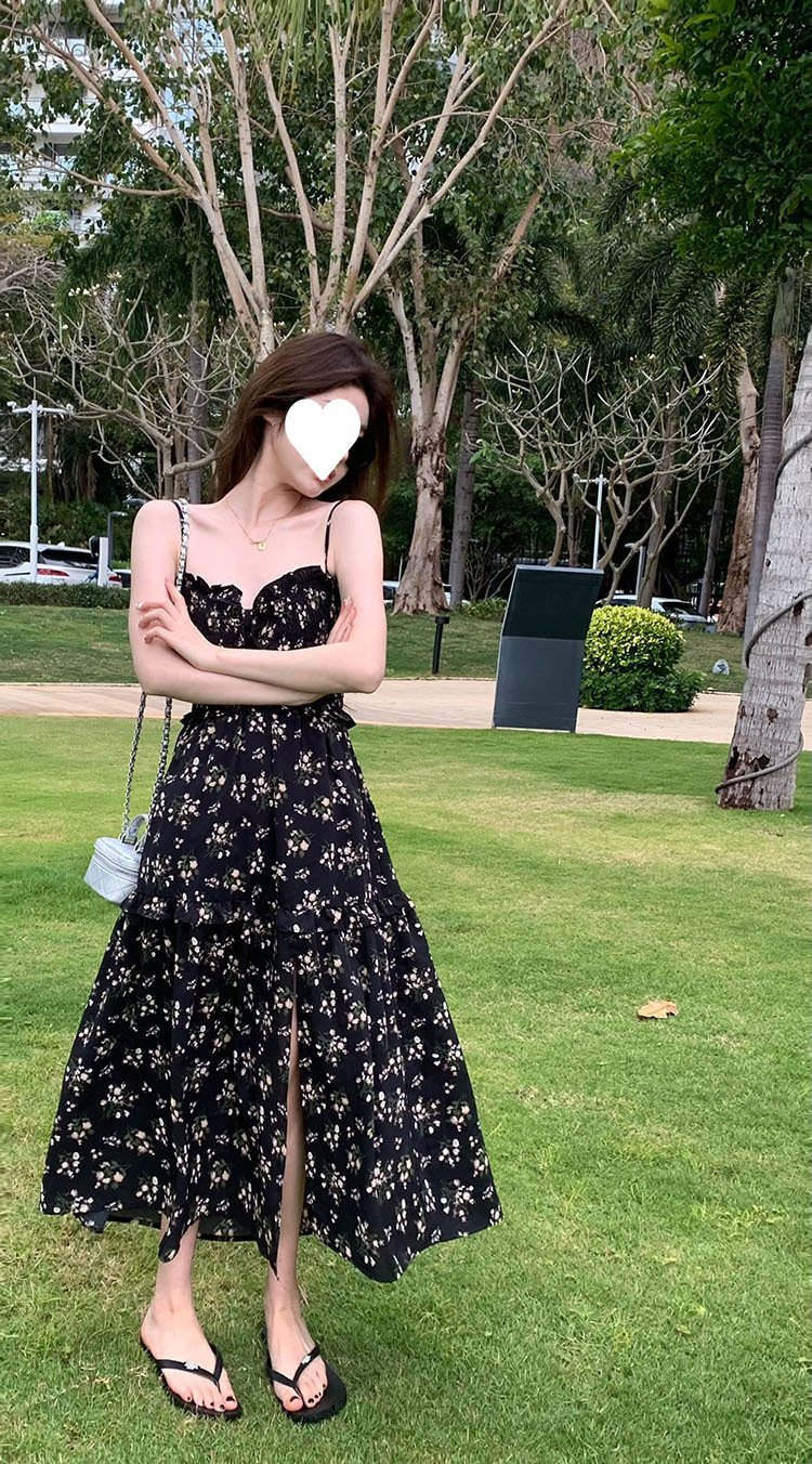 黒ドレス 花柄キャミソールワンピース