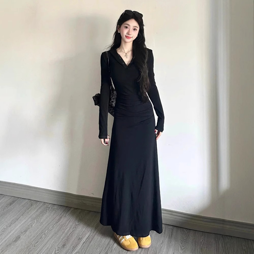 黒ドレス 大人のゆったりシルエットロングワンピース