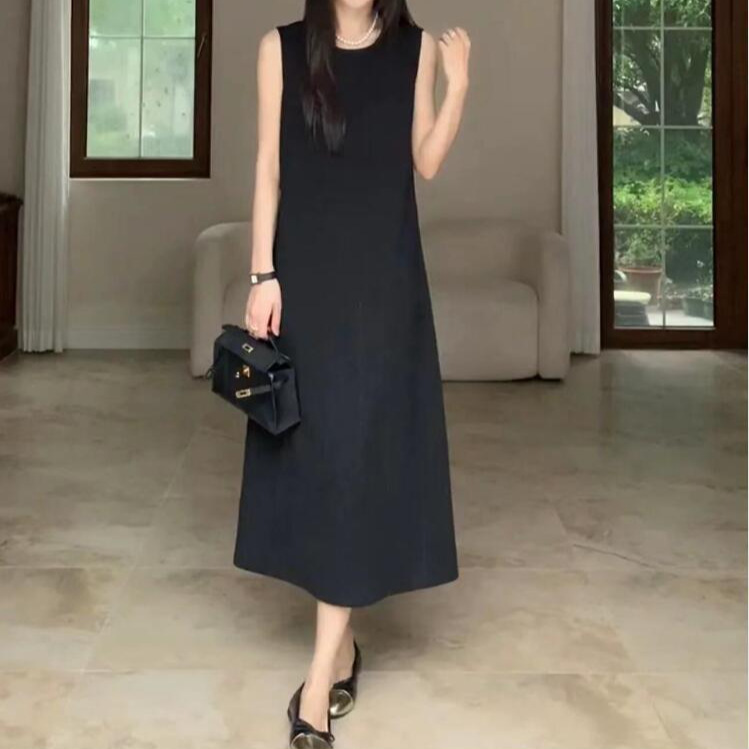 黒ドレス ロング丈 上質シンプル ノースリーブワンピース