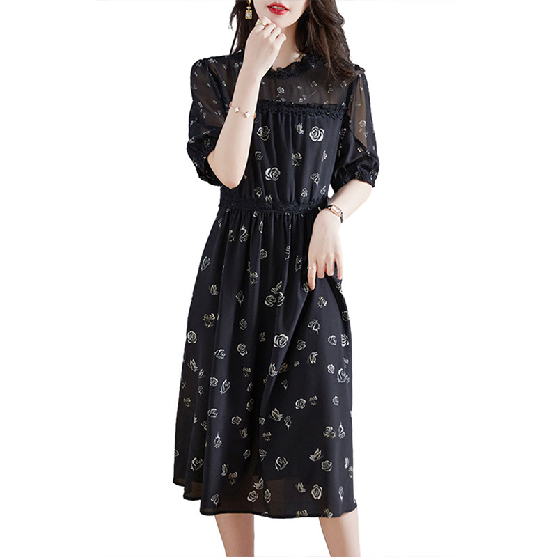 黒ドレス 花柄シースルーロングワンピース